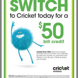 Cricket Wireless Authorized Retailer - Switch to Crciekt from other carriers (exclusive At&T) you will get a $50 bill credit and a FREE smart phone!!