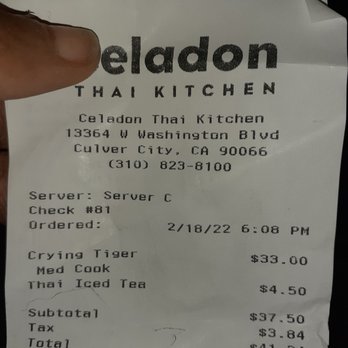 Celadon Thai Kitchen - Receipt - Thai Near Me - Los Angeles, California Celadon Thai Kitchen - Receipt - Thai Near Me - Los Angeles, California