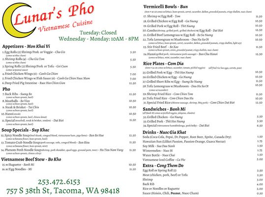 Menu photo 8 Lunar's Pho Tacoma, WA