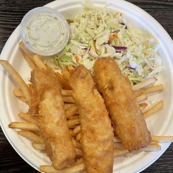 Hook'd Fish Grill - 3-piece fish and chips comes also with Cole slaw and tartar sauce - Seafood Near Me - Northridge, California Hook'd Fish Grill - 3-piece fish and chips comes also with Cole slaw and tartar sauce - Seafood Near Me - Northridge, California