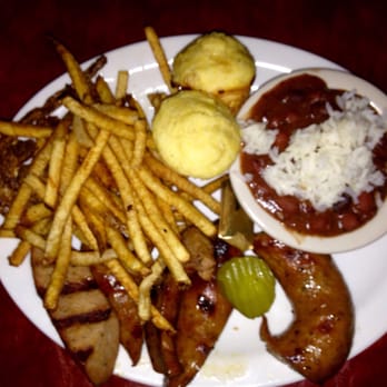 Front Range Barbeque - Sausage plate with french fries, 2 corn bread muffins and creole rice and beans. - Barbeque Near Me - Colorado Springs, Colorado Front Range Barbeque - Sausage plate with french fries, 2 corn bread muffins and creole rice and beans. - Barbeque Near Me - Colorado Springs, Colorado