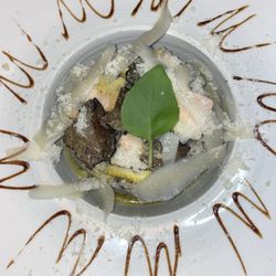 Café Marcel - Duck liver foie gras Risotto with summer truffles carpaccio, cream and parmesan shavings