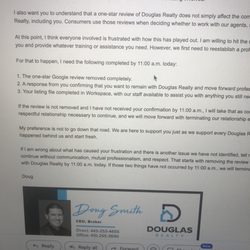 Douglas Realty - CEO email asking me to leave a positive review and not tell the truth.