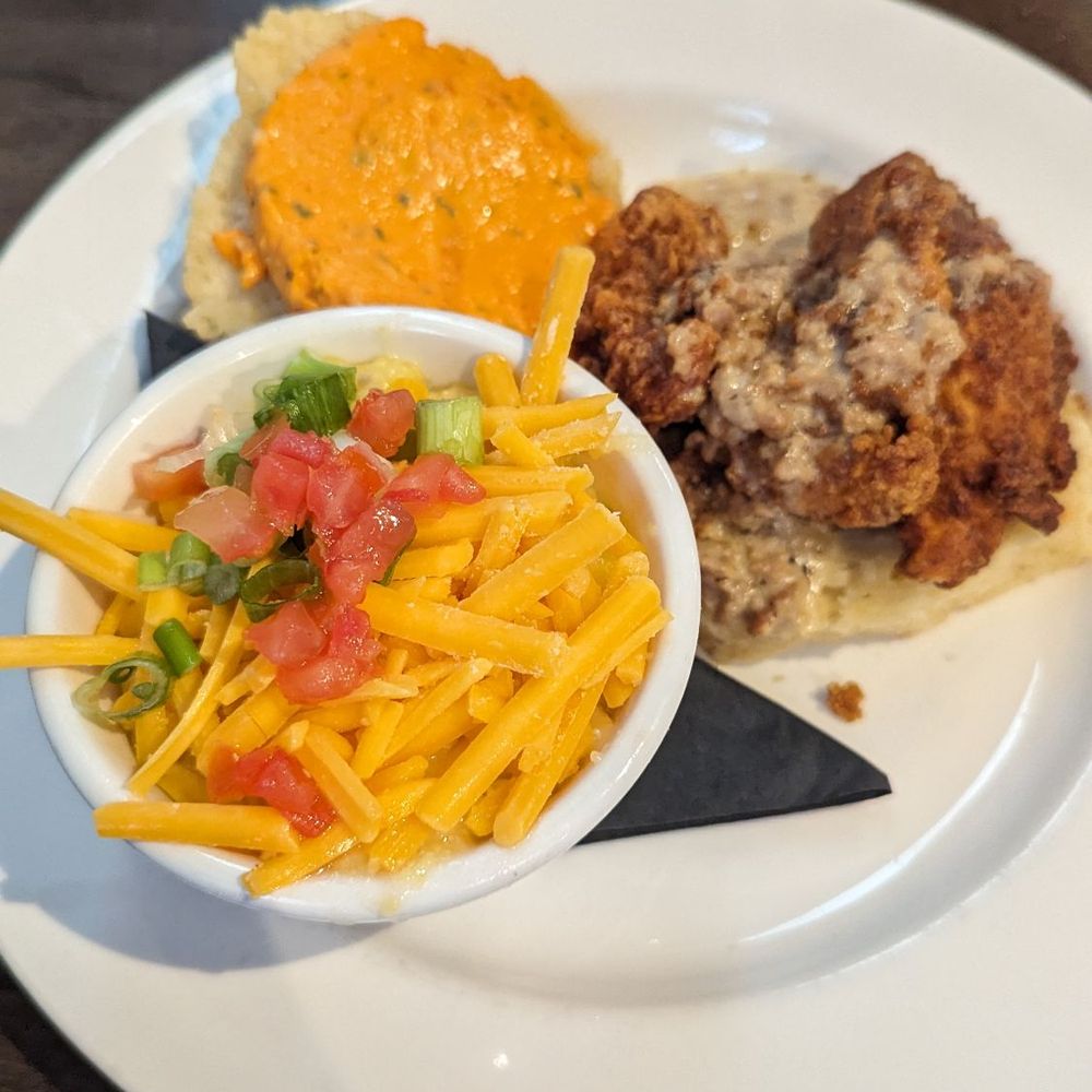 B Matthews Eatery - Pimento fried chicken biscuit and cheese grits! - New American Near Me - Savannah, Georgia B Matthews Eatery - Pimento fried chicken biscuit and cheese grits! - New American Near Me - Savannah, Georgia
