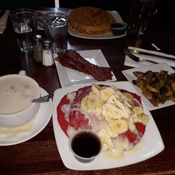 Teavolve - Red Velvet pancakes,potatoes, Chai Tea, Turkey Bacon,and waffle. - Coffee & Tea Near Me - Baltimore, Maryland