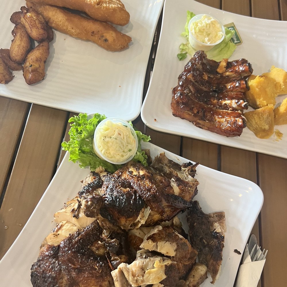 Jerk chicken, festival, plantain, BBQ ribs