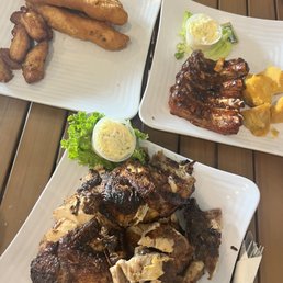 Jerk chicken, festival, plantain, BBQ ribs Jerk chicken, festival, plantain, BBQ ribs