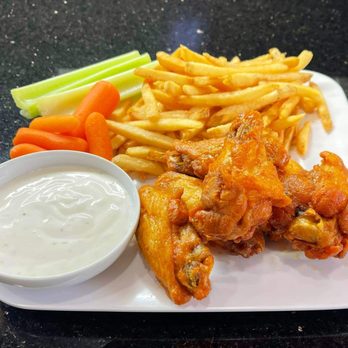 Bobablastic Branson - a plate of chicken wings, fries, and carrots - Food Trucks Near Me - Branson, Missouri Bobablastic Branson - a plate of chicken wings, fries, and carrots - Food Trucks Near Me - Branson, Missouri