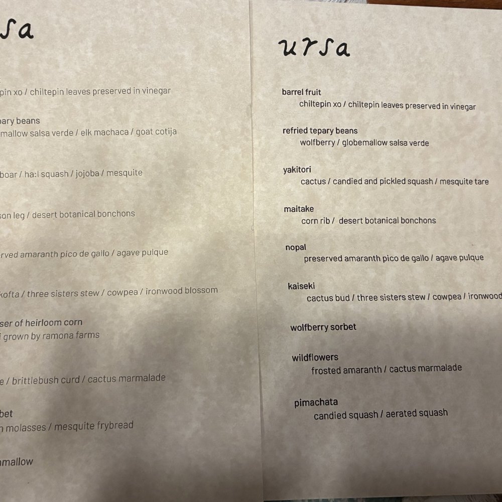 Ursa - vegan menu on right,  Omnivore menu on left. Really wish we were given them at start of the meal. - Desserts Near Me - Tucson, Arizona