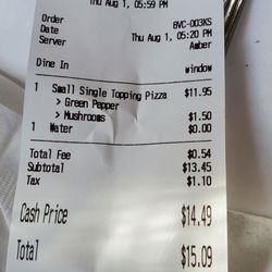 Tasty Pizza Bar & Bowl - Sm cheese pizza-$9.99 Sm one topping pizza-$11.95 Sm pizza toppings-$1.50 ea  What is a "Total" fee of 59¢? This is a CC fee. See total.