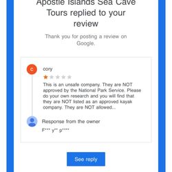 Apostle Islands Kayak - Here is their response