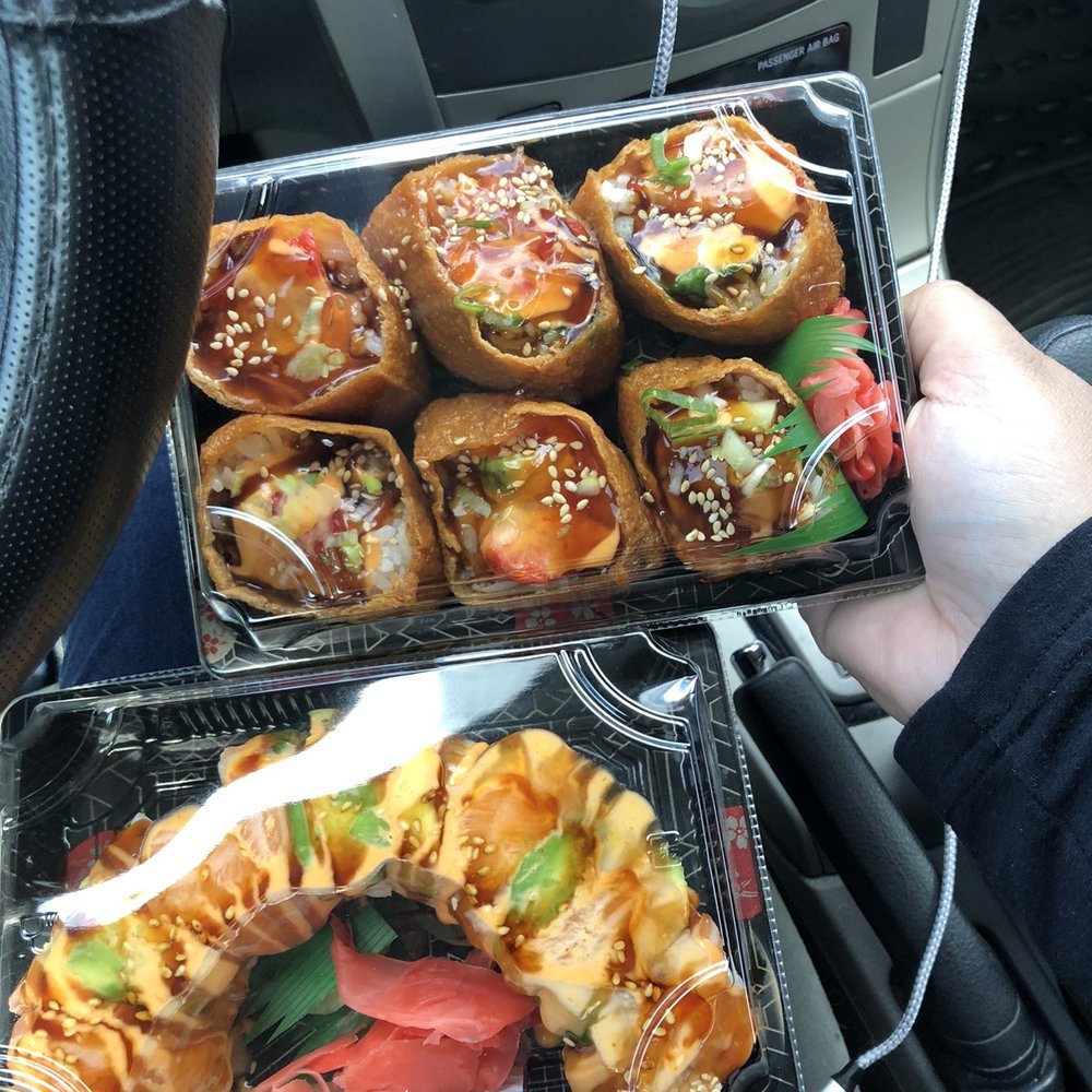 Fleurichi Express Sushi - Top: Sweet Shrimp Inari (6 Pieces) Bottom: Star Shine Roll  Not Pictured: Miso Soup - Sushi Bars Near Me - Clovis, California