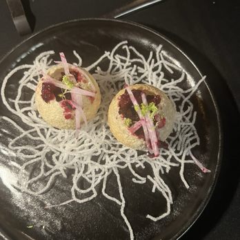 Alkemē - Beets inside a puffed chickpea crunchy egg - Vietnamese Near Me - Santa Fe, New Mexico