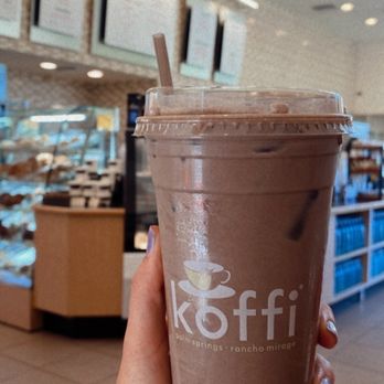 Koffi - Iced Mocha (with Belgian chocolate, Whole milk, two scoops of Belgian chocolate, 1.5 Carmel sauce & 2 shots medium shots) - Coffee & Tea Near Me - Palm Springs, California Koffi - Iced Mocha (with Belgian chocolate, Whole milk, two scoops of Belgian chocolate, 1.5 Carmel sauce & 2 shots medium shots) - Coffee & Tea Near Me - Palm Springs, California