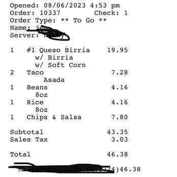 Texas Bebe’s Quesobirria - Receipt, so people how expensive it is - Mexican Near Me - Grayslake, Illinois Texas Bebe’s Quesobirria - Receipt, so people how expensive it is - Mexican Near Me - Grayslake, Illinois