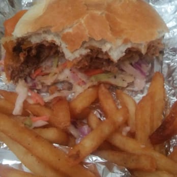 Scotty Quixx West - The redskin burger with fries. Juicy burger, flavorful pull pork and good bbq sauce and coleslaw (Sorry for the half eaten pic). - Sandwiches Near Me - Virginia Beach, Virginia Scotty Quixx West - The redskin burger with fries. Juicy burger, flavorful pull pork and good bbq sauce and coleslaw (Sorry for the half eaten pic). - Sandwiches Near Me - Virginia Beach, Virginia