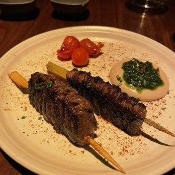 Matu - Picanha Skewers, Tahini Sauce and Zhoug* - Steakhouses Near Me - Beverly Hills, California Matu - Picanha Skewers, Tahini Sauce and Zhoug* - Steakhouses Near Me - Beverly Hills, California