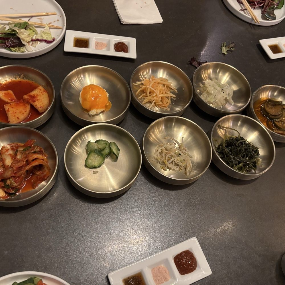 Korean Garden - Banchan (sides with the bbq) along with a trio of sauces to dip your grilled bbq in for additional flavor - Korean Near Me - Suwanee, Georgia