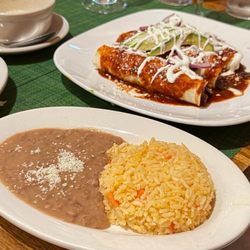 The Original Pita and Beyond - Steak enchiladas with rice and beans