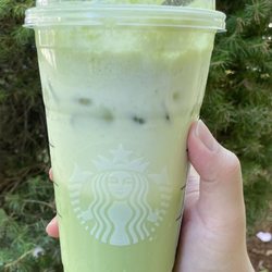 Starbucks - Venti matcha latte with vanilla sweet cold foam, oat milk, 6 pumps of toffee nut syrup and caramel drizzle.
