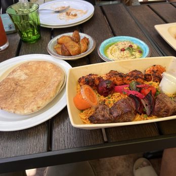 MAZRA - Double Kebab Plate (Chicken, Filet Mignon) with roasted potatoes and Baba Ganoush - Mediterranean Near Me - Redwood City, California MAZRA - Double Kebab Plate (Chicken, Filet Mignon) with roasted potatoes and Baba Ganoush - Mediterranean Near Me - Redwood City, California