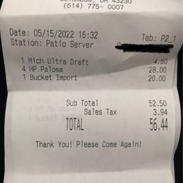 the receipt for the restaurant - A paper receipt from Hamilton's Pub located at 4866 Thompson Rd, Columbus, OH, dated May 15, 2022, at 16:32. It lists purchased items: a Mich Ultra Draft, four Paloma drinks, and a Bucket Import, with respective prices. The subtotal is $52.50, sales tax is $3.94, and the total amount paid is $56.44. The receipt includes the station name 'Patio Server' and a message thanking the customer and inviting them to return.