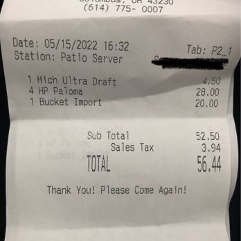 Hamilton's Pub - the receipt for the restaurant - A paper receipt from Hamilton's Pub located at 4866 Thompson Rd, Columbus, OH, dated May 15, 2022, at 16:32. It lists purchased items: a Mich Ultra Draft, four Paloma drinks, and a Bucket Import, with respective prices. The subtotal is $52.50, sales tax is $3.94, and the total amount paid is $56.44. The receipt includes the station name 'Patio Server' and a message thanking the customer and inviting them to return. - Pubs Near Me - Columbus, Ohio