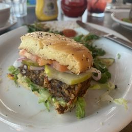 Veggie burger and salad. Veggie burger and salad.