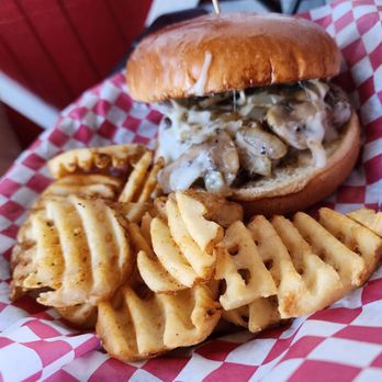 FarmBurguesa - Mushroom Swiss burger with grilled onions and waffle fries. - Burgers Near Me - Vinton, Virginia FarmBurguesa - Mushroom Swiss burger with grilled onions and waffle fries. - Burgers Near Me - Vinton, Virginia