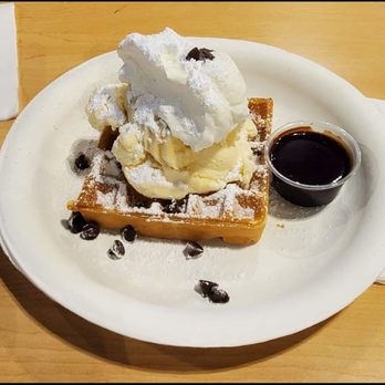 Waffle and Berry - Chocolate chip waffle with banana, ice cream and whip cream (small portion) on top - Waffles Near Me - Honolulu, Hawaii Waffle and Berry - Chocolate chip waffle with banana, ice cream and whip cream (small portion) on top - Waffles Near Me - Honolulu, Hawaii