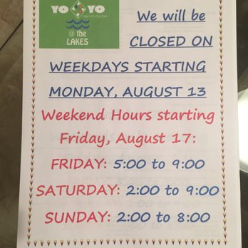 Yo-Yo Yogurt On Your Own - These are the new hours for Yo Yo's at the Lakes - Ice Cream & Frozen Yogurt Near Me - Angola, Indiana Yo-Yo Yogurt On Your Own - These are the new hours for Yo Yo's at the Lakes - Ice Cream & Frozen Yogurt Near Me - Angola, Indiana