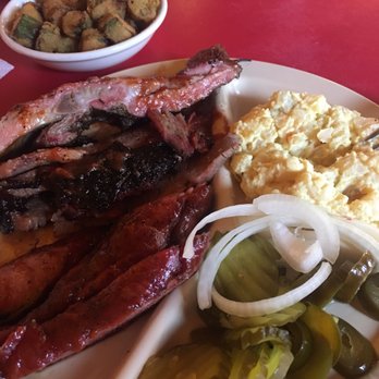 Daniel's Old Tomball BBQ - Halfway eaten 3 meat plate. Delish! - Barbeque Near Me - Tomball, Texas