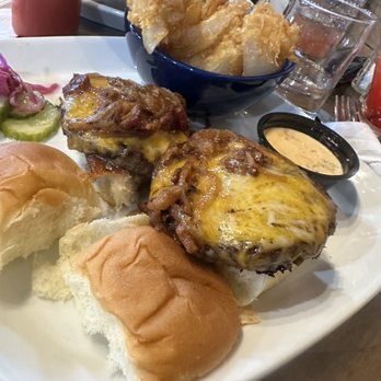 Bitchin’ Kitten Brewery - House beef burgers with bacon jam and the onion ring upgrade. - Brewpubs Near Me - Morrisville, Pennsylvania Bitchin’ Kitten Brewery - House beef burgers with bacon jam and the onion ring upgrade. - Brewpubs Near Me - Morrisville, Pennsylvania