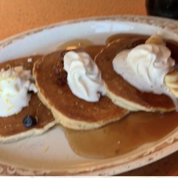 Another Broken Egg Cafe - Pancake Trio: Sweet Potato Pancake, Blueberry Pancake, and Banana Foster Pancake - Breakfast & Brunch Near Me - Mountain Brook, Alabama