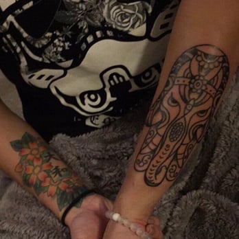 Stay True Tattoo - Elephant inside of a hamsa, on my other arm Japanese characters with cherry blossoms. :) - Tattoo Near Me - Dublin, California Stay True Tattoo - Elephant inside of a hamsa, on my other arm Japanese characters with cherry blossoms. :) - Tattoo Near Me - Dublin, California