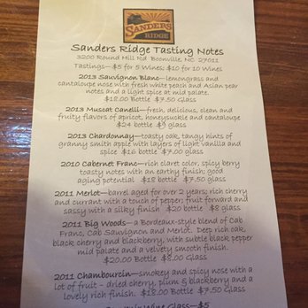 Sanders Ridge - Menu - Wine Tasting Room Near Me - Boonville, North Carolina