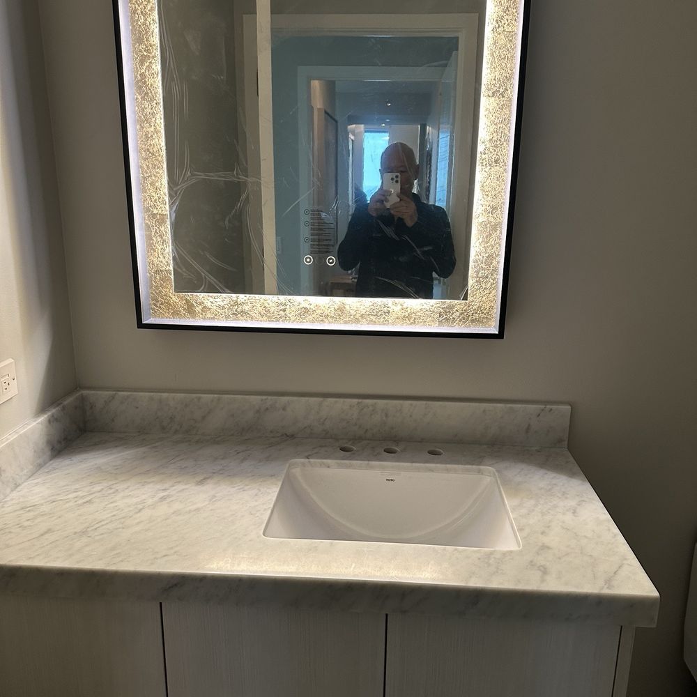 Precision Stone Design - New mirror, cabinet, sink and countertop. Note: Some work needs to be completed. - Kitchen & Bath Near Me - Elk Grove Village, Illinois