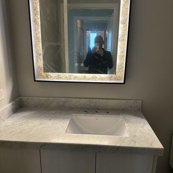 Precision Stone Design - New mirror, cabinet, sink and countertop. Note: Some work needs to be completed. - Kitchen & Bath Near Me - Elk Grove Village, Illinois