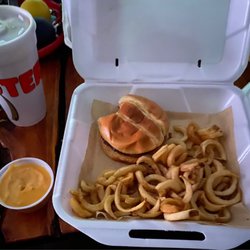 Hootie's Burger Bar - Blue cheese burger, curly fries, cheddar dipping sauce