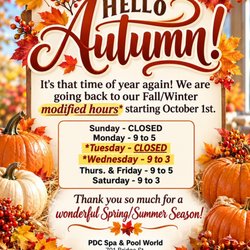PDC Spa & Pool World - Fall & Winter Hours
Sunday - CLOSED
Monday - 9 to 5
*Tuesday - CLOSED
*Wednesday - 9 to 3
Thurs. & Friday - 9 to 5
Saturday - 9 to 3