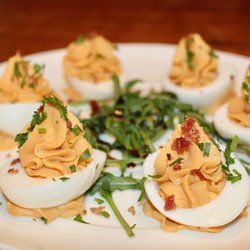 Acova - For Appetizers we had the Diablo Eggs made with whipped eggs, house hot sauce, fresh herbs, and prosciutto crumbs (Gluten Free).