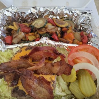Long Haulin' Keto - Bunless bacon cheeseburger with sautéed veggies - Salad Near Me - Matthews, Missouri Long Haulin' Keto - Bunless bacon cheeseburger with sautéed veggies - Salad Near Me - Matthews, Missouri