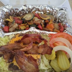 Long Haulin' Keto - Bunless bacon cheeseburger with sautéed veggies