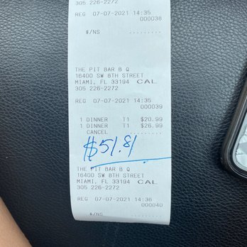 The Pit Bar-B-Q - Tax isn't reflected neither accurate total of my order. Total is written by the cashier who probably pocketed the rest - Barbeque Near Me - Miami, Florida