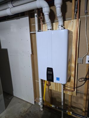 tankless water heater install - This customer had a failed tank water heater that was leaking water into the basement. Instead of replacing with another tanked water heater we decided to install a new high efficiency tankless water heater. They didnt want to run out of hot water anymore tankless water heater install - This customer had a failed tank water heater that was leaking water into the basement. Instead of replacing with another tanked water heater we decided to install a new high efficiency tankless water heater. They didnt want to run out of hot water anymore