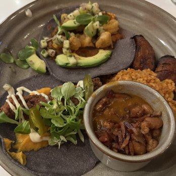 Bar West - FCT taco (and one shrimp taco - traded with my husband) comes with beans, rice, and plantains - Desserts Near Me - Richmond, Virginia Bar West - FCT taco (and one shrimp taco - traded with my husband) comes with beans, rice, and plantains - Desserts Near Me - Richmond, Virginia