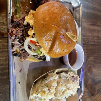 OAK'D BBQ - The Governor, side potato salad and burnt ends, delish! - Barbeque Near Me - Addison, Texas