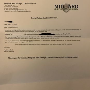 Midgard Self Storage - A copy of the letter I just received from the facility manager! - Self Storage Near Me - Gainesville, Georgia Midgard Self Storage - A copy of the letter I just received from the facility manager! - Self Storage Near Me - Gainesville, Georgia