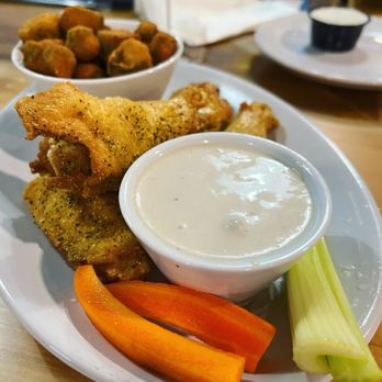 Public House - Lemon Pepper Wings, Bleu cheese dip, fried okra - Cocktail Bars Near Me - Dahlonega, Georgia Public House - Lemon Pepper Wings, Bleu cheese dip, fried okra - Cocktail Bars Near Me - Dahlonega, Georgia