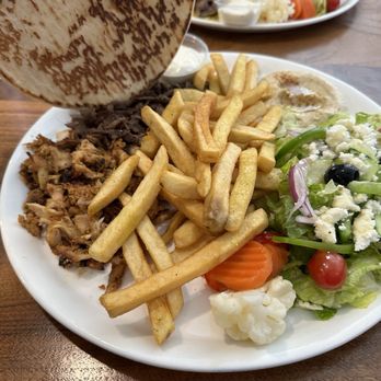 Charcoal Grill - Mixed Shawarma with fries, salad, hummus, pita and garlic sauce. - Mediterranean Near Me - Glendale, Arizona